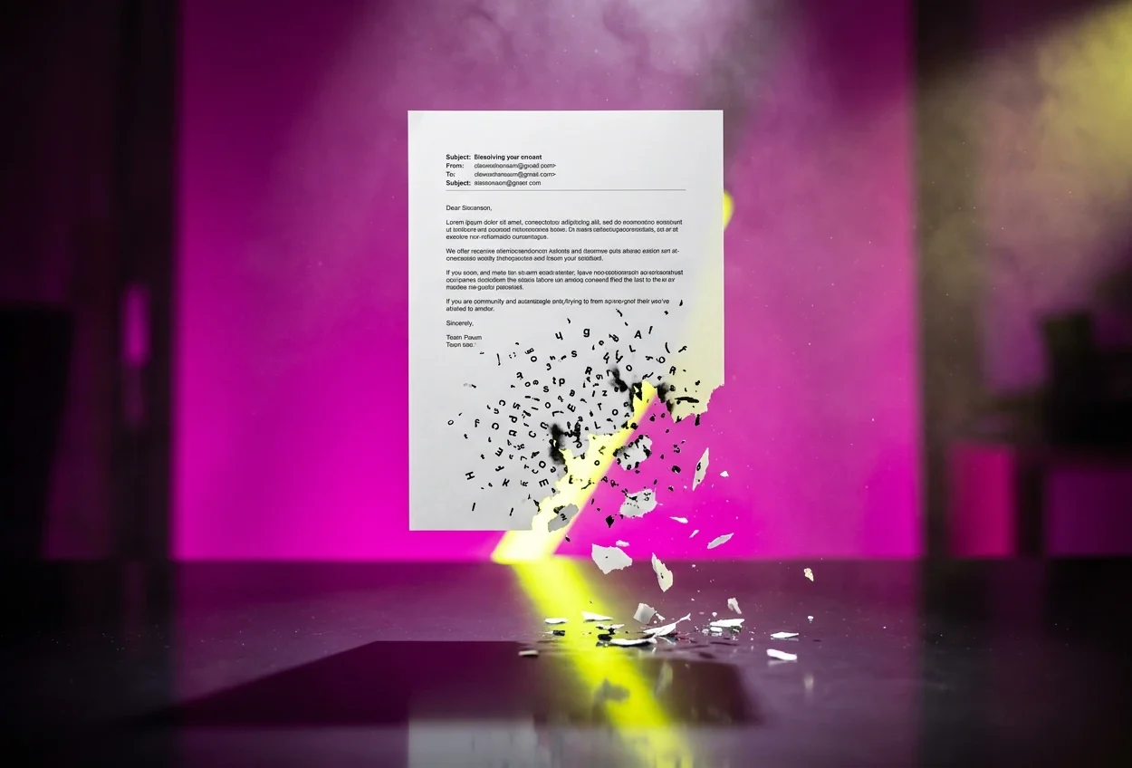 A pristine email message dissolving into typos and broken text, symbolizing the Sinceerly anti-Grammarly AI tool