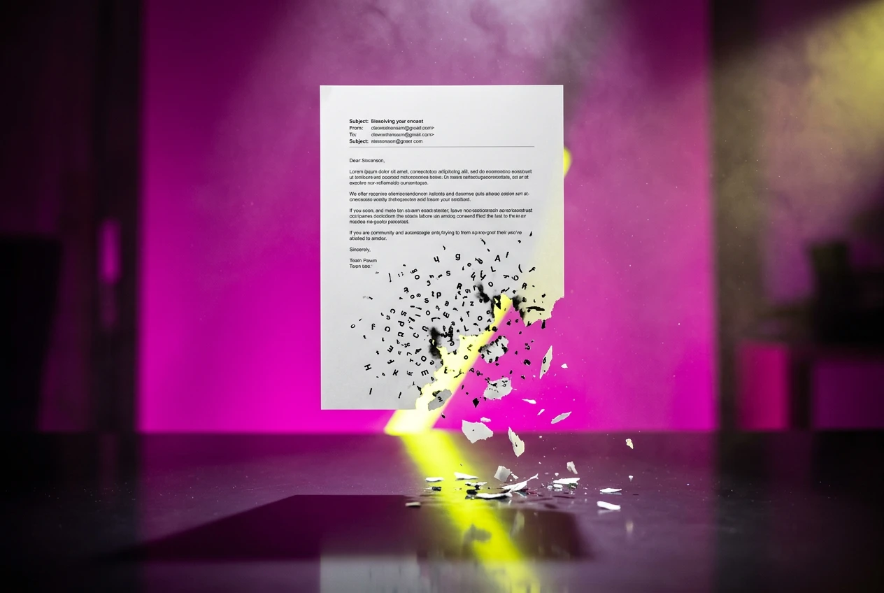 A pristine email message dissolving into typos and broken text, symbolizing the Sinceerly anti-Grammarly AI tool