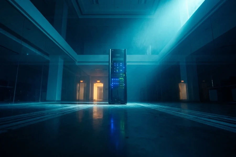 A single illuminated server rack glowing in a dark Indian enterprise control room, symbol of the REIL sovereign AI venture.