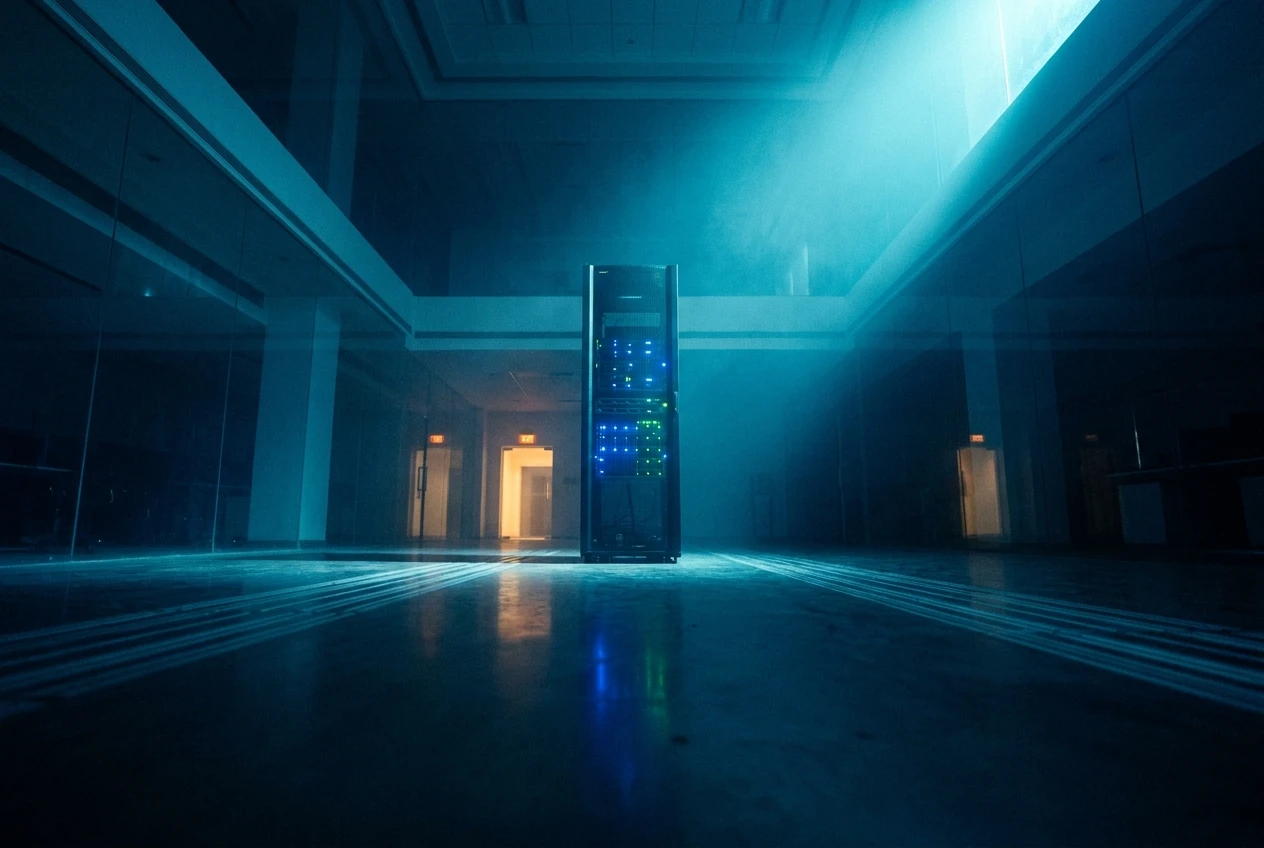 A single illuminated server rack glowing in a dark Indian enterprise control room, symbol of the REIL sovereign AI venture.