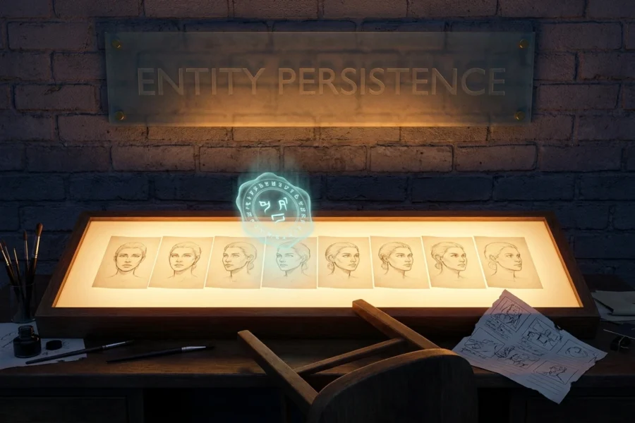 Animator's lightbox glowing with eight identical character panels showing gpt-image-2 entity persistence.