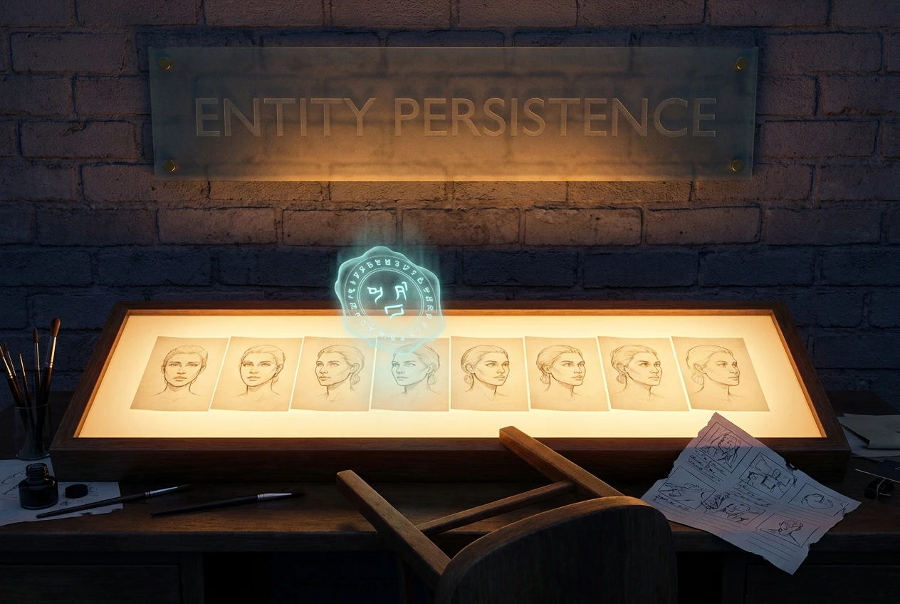 Animator's lightbox glowing with eight identical character panels showing gpt-image-2 entity persistence.