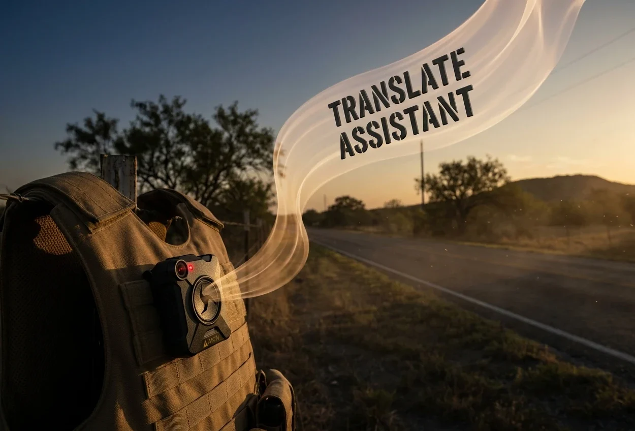 Bexar County deputy's chest-mounted Axon Body 4 camera glowing with translated audio waveforms on a rural Texas roadside