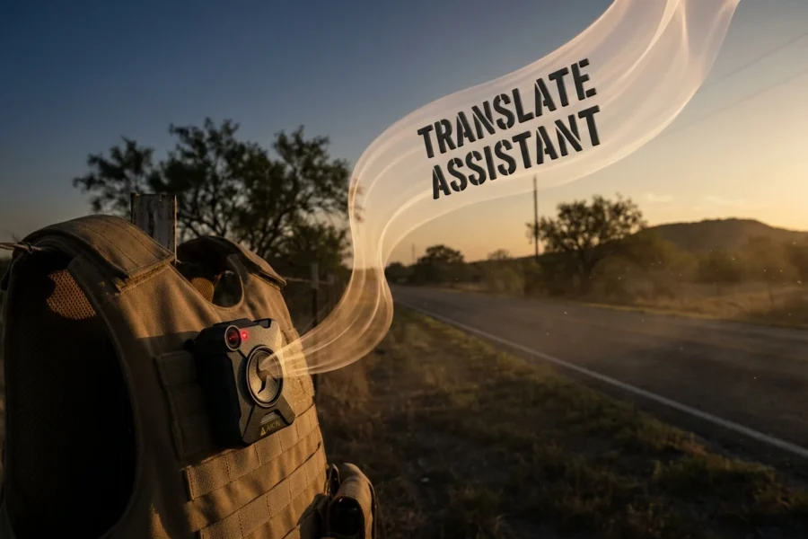 Bexar County deputy's chest-mounted Axon Body 4 camera glowing with translated audio waveforms on a rural Texas roadside