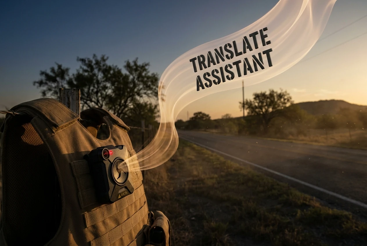 Bexar County deputy's chest-mounted Axon Body 4 camera glowing with translated audio waveforms on a rural Texas roadside