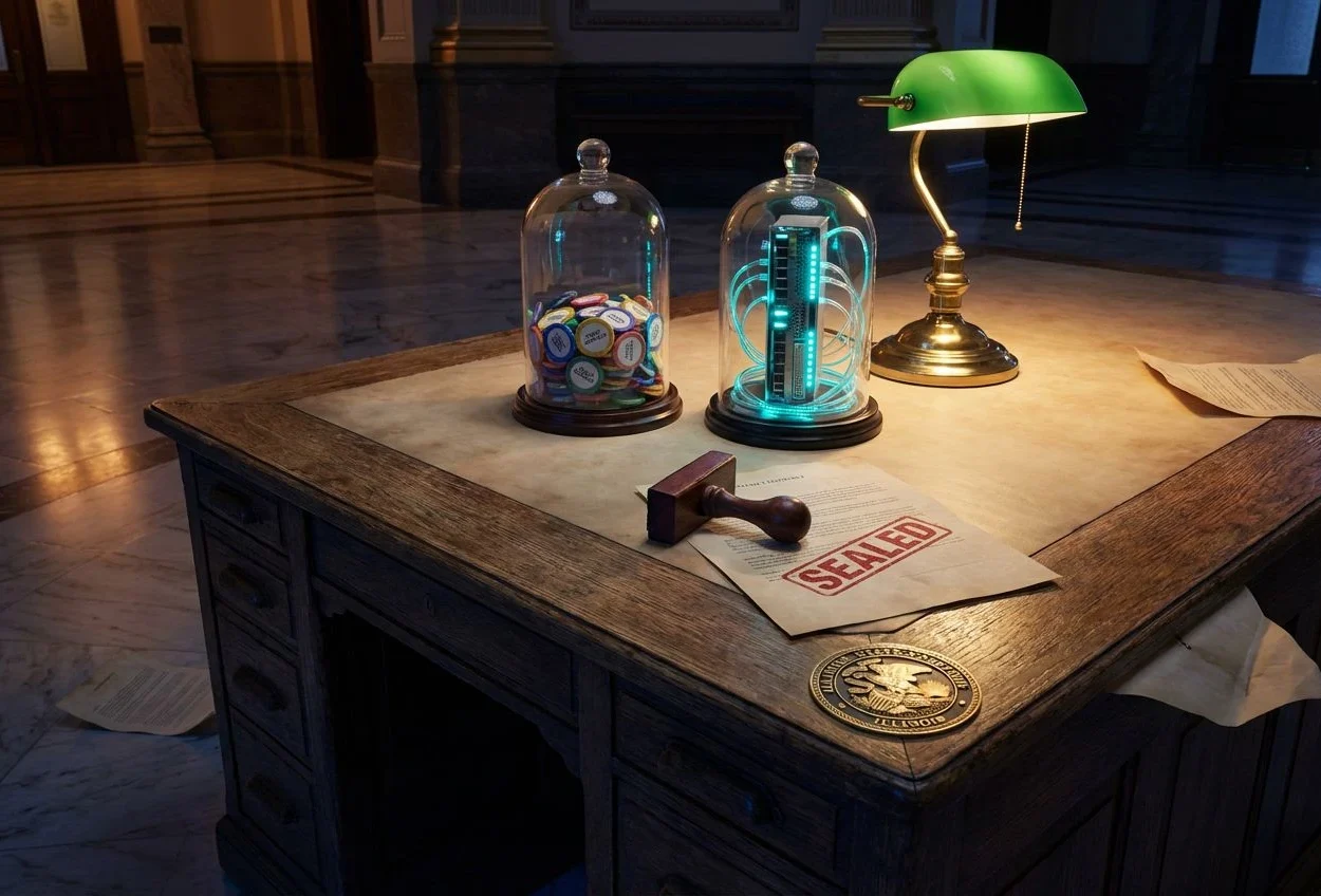 Capitol desk with sealed prediction-market chips and miniature server illustrating Illinois state worker AI rules.