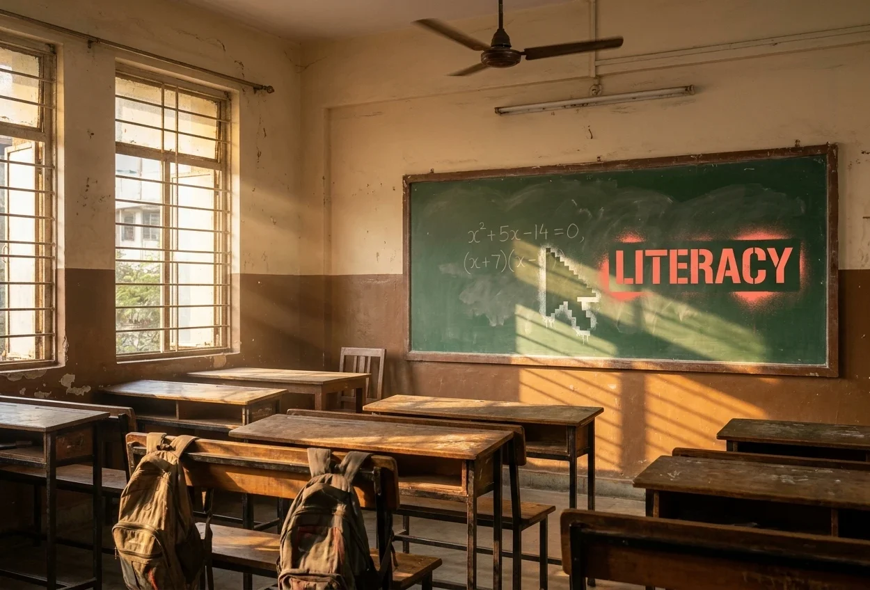 Chalkboard in a Mumbai public school classroom with a glowing AI chatbot cursor stenciled next to a half-solved math problem