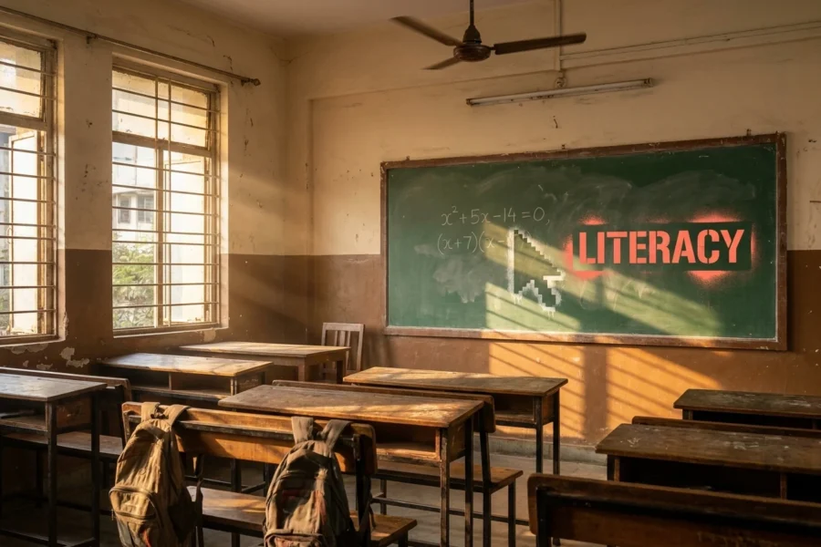 Chalkboard in a Mumbai public school classroom with a glowing AI chatbot cursor stenciled next to a half-solved math problem