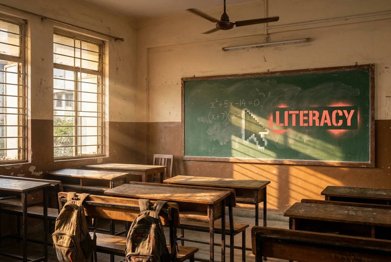 Chalkboard in a Mumbai public school classroom with a glowing AI chatbot cursor stenciled next to a half-solved math problem