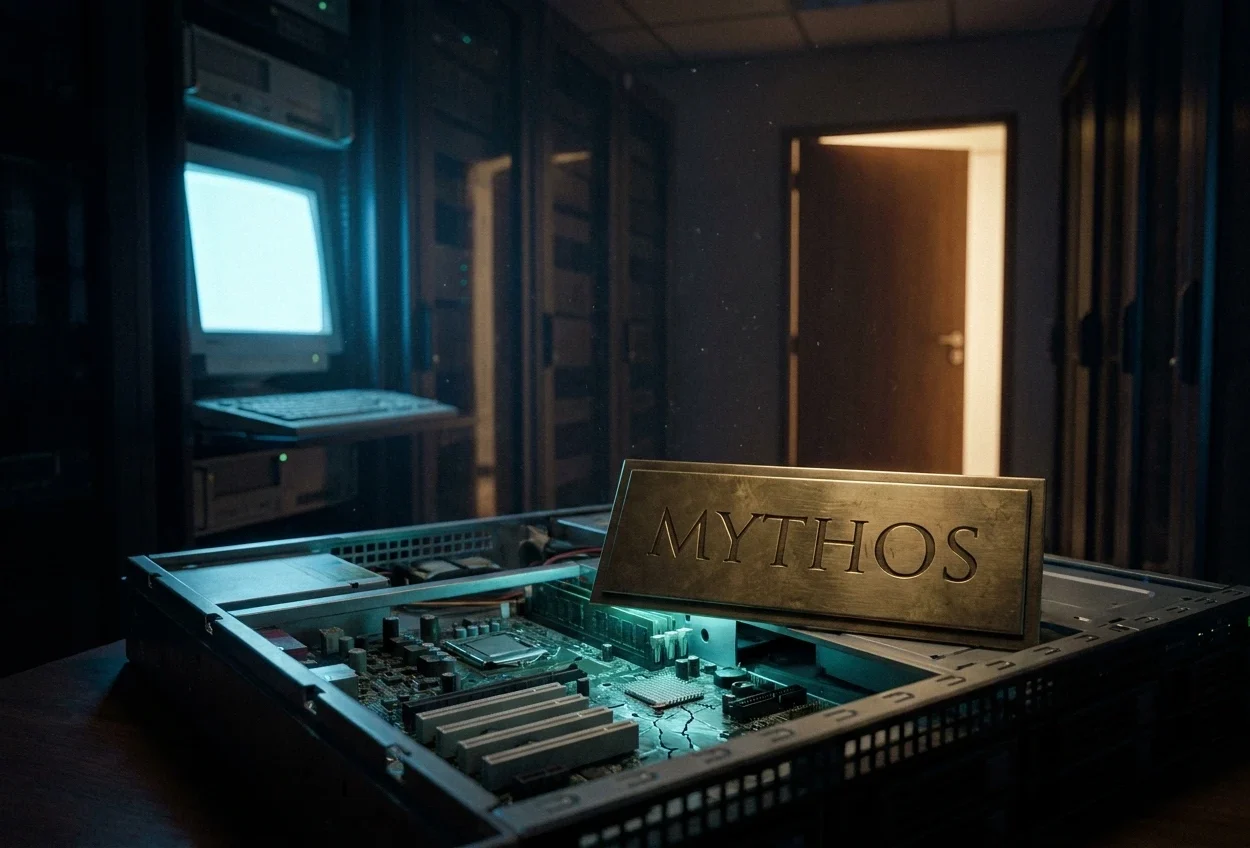 Cracked OpenBSD server panel beside glowing brass Mythos plaque illustrating AI zero-day discovery.