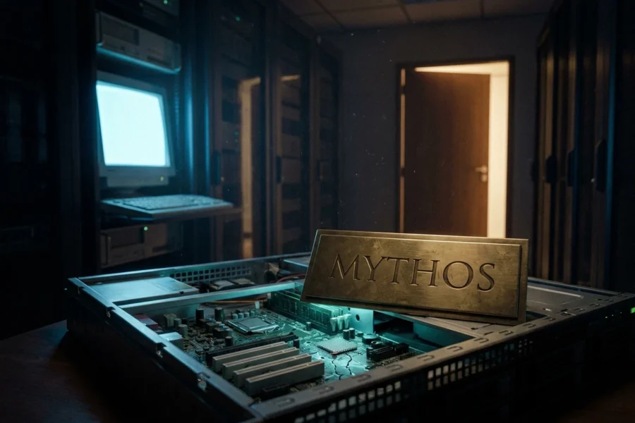 Cracked OpenBSD server panel beside glowing brass Mythos plaque illustrating AI zero-day discovery.