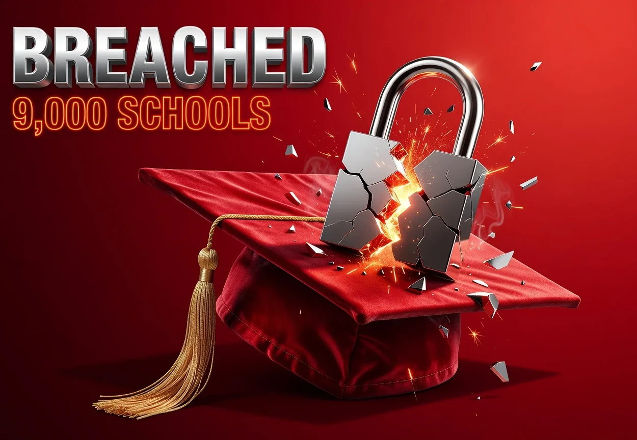 Cracked padlock on glowing graduation cap symbolizing Canvas school data breach exposure.