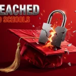 Cracked padlock on glowing graduation cap symbolizing Canvas school data breach exposure.