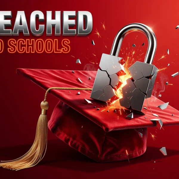 Cracked padlock on glowing graduation cap symbolizing Canvas school data breach exposure.