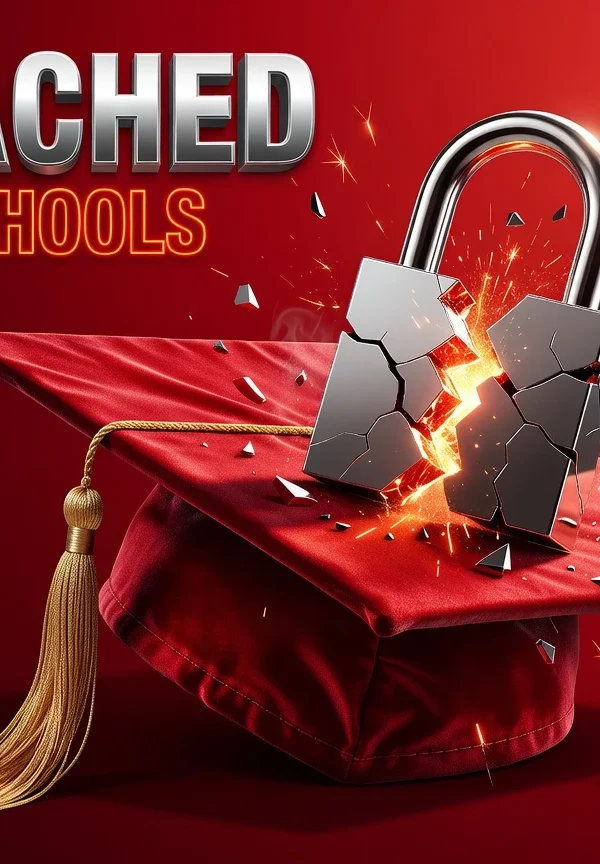 Cracked padlock on glowing graduation cap symbolizing Canvas school data breach exposure.