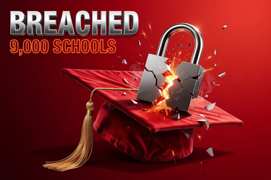 Cracked padlock on glowing graduation cap symbolizing Canvas school data breach exposure.