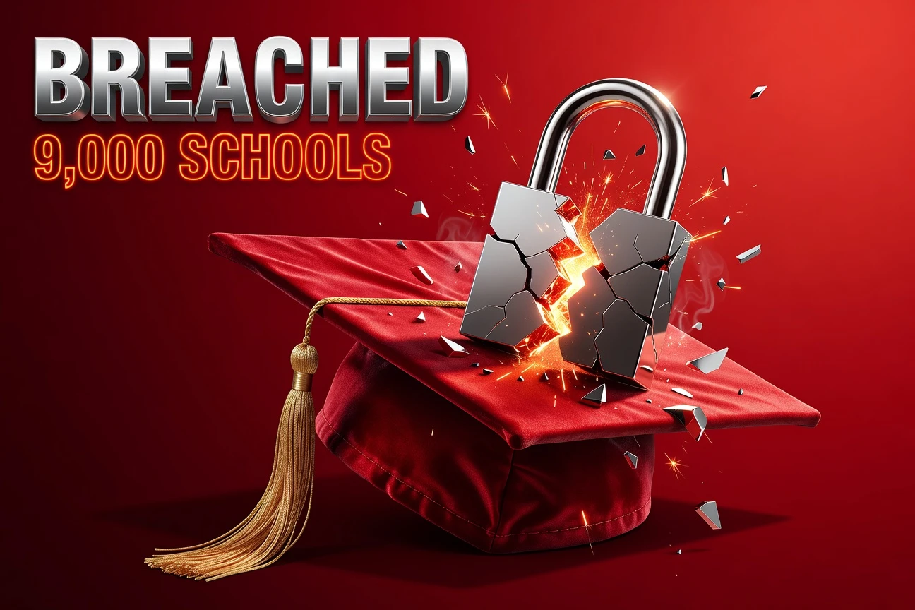 Cracked padlock on glowing graduation cap symbolizing Canvas school data breach exposure.