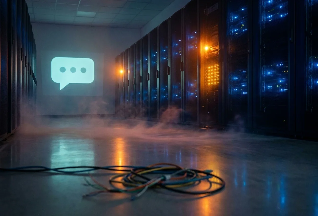 Dim data center server aisle with one rack glowing amber during the March 2026 Anthropic Claude AI outage