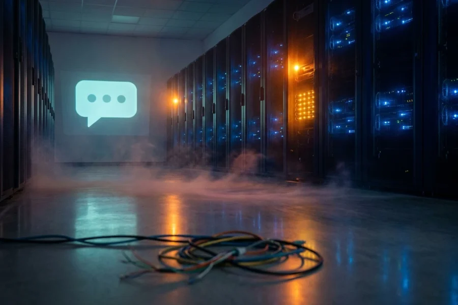 Dim data center server aisle with one rack glowing amber during the March 2026 Anthropic Claude AI outage