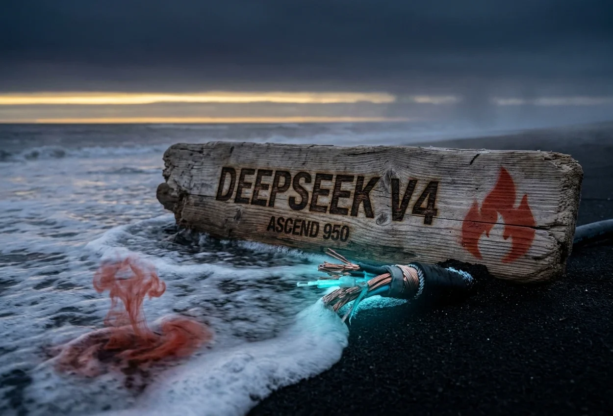 Driftwood plank with burned DeepSeek V4 lettering beside a severed undersea cable on a dawn shore.