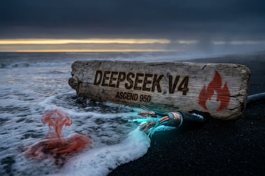 Driftwood plank with burned DeepSeek V4 lettering beside a severed undersea cable on a dawn shore.