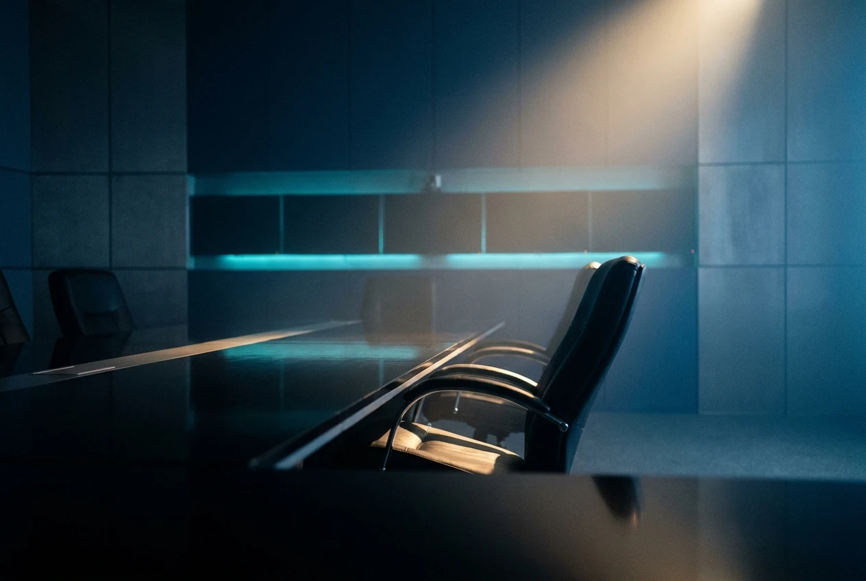 Empty corporate boardroom with one chair pulled back, symbolizing 2026 Big Tech AI layoffs at Meta and Microsoft