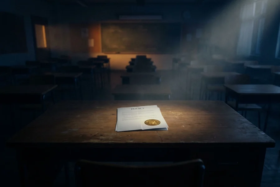 Empty Ohio classroom with a single illuminated policy document on a teacher's desk, symbolizing Yellow Springs Schools AI policy