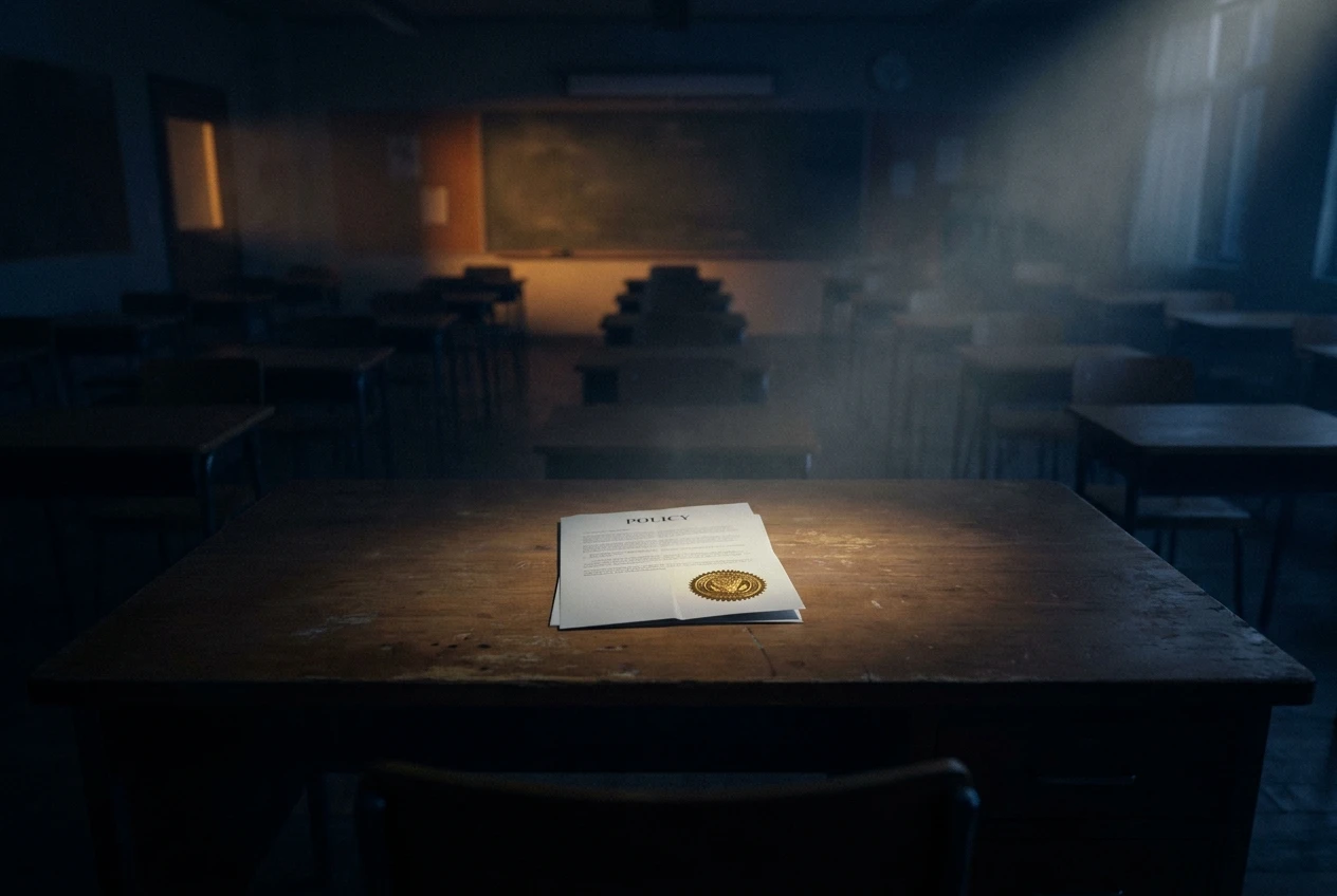 Empty Ohio classroom with a single illuminated policy document on a teacher's desk, symbolizing Yellow Springs Schools AI policy
