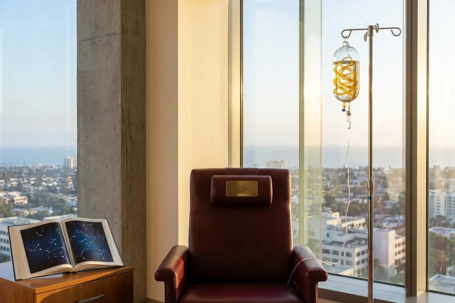 Empty oncology infusion chair beside an IV pole streaming golden genome data, with a brass plate engraved PRECISION, evoking the Tempus AI USC deal.