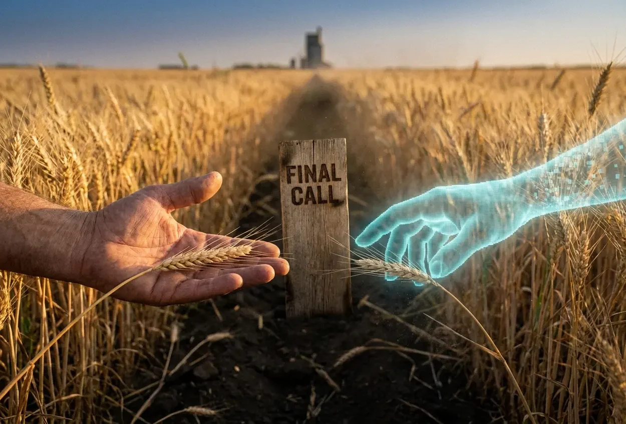 Empty Prairie wheat field at golden hour with a digital hand and farmer hand showing AI in agriculture.