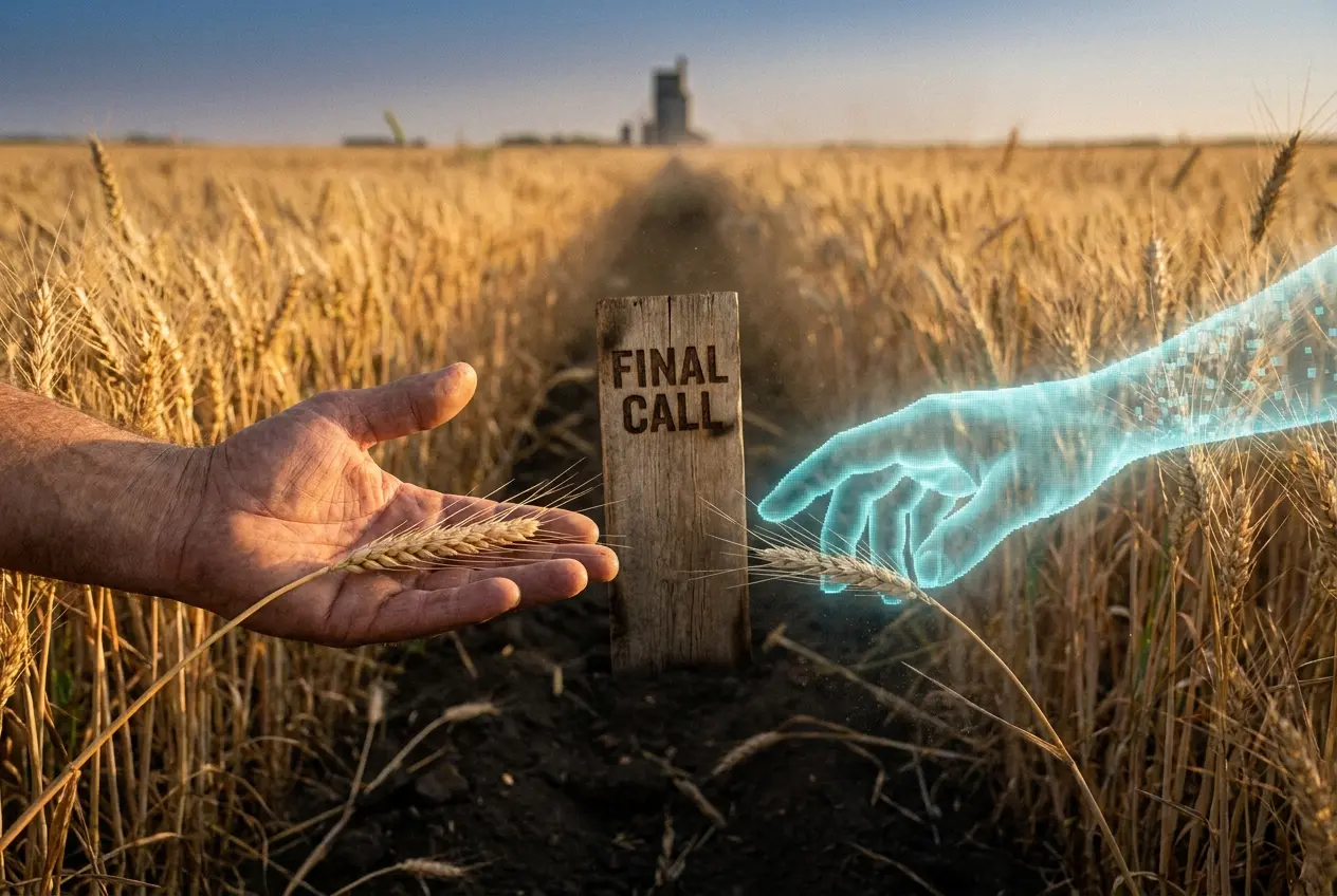 Empty Prairie wheat field at golden hour with a digital hand and farmer hand showing AI in agriculture.