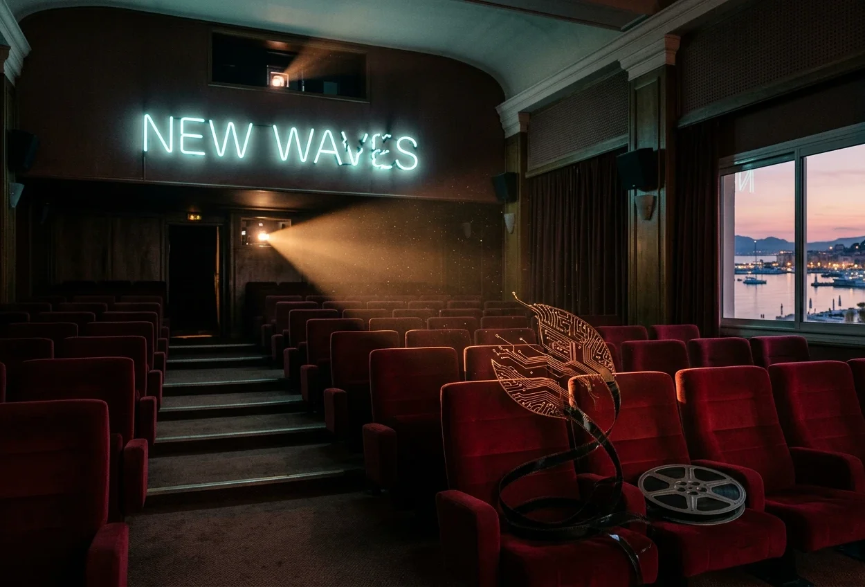 Empty red-velvet Cannes screening room with sputtering neon marquee reading New Waves above an unspooling film reel.