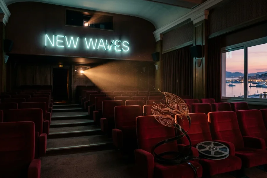 Empty red-velvet Cannes screening room with sputtering neon marquee reading New Waves above an unspooling film reel.