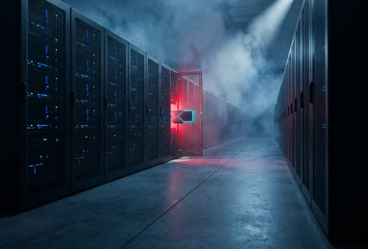 Empty server rack glowing red with one isolated AI accelerator card, representing IBM RITS and vLLM inference infrastructure.