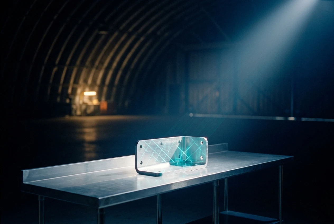 Glowing handheld scanner reading a polished aircraft part stamp on a Boeing 737 final assembly floor.