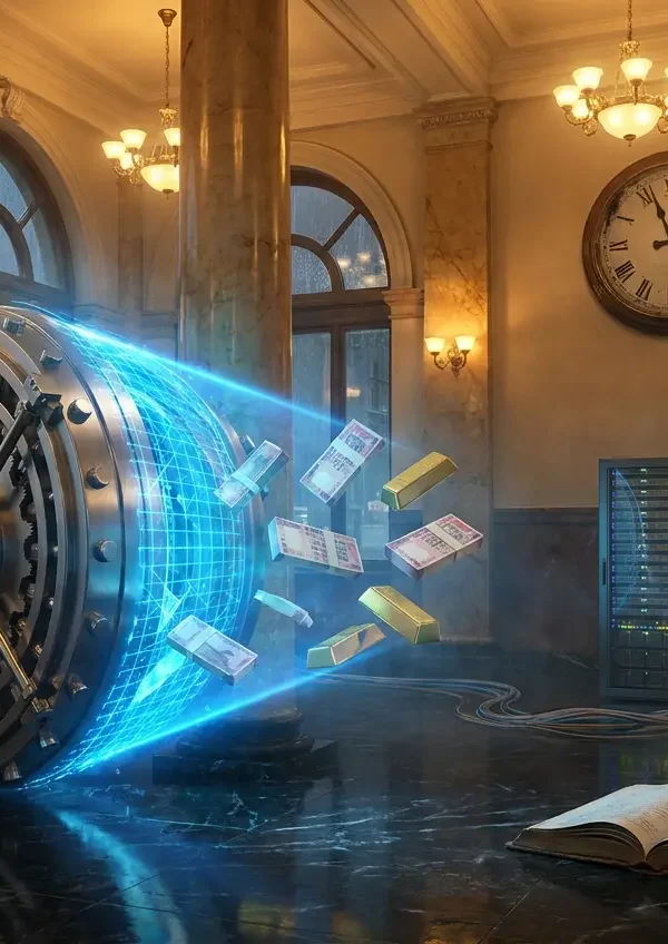 Indian bank vault breached by AI driven cybersecurity threat at night.