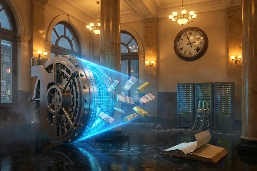 Indian bank vault breached by AI driven cybersecurity threat at night.