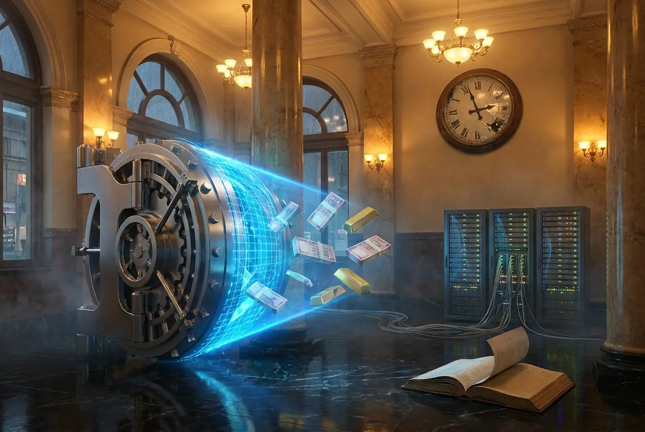 Indian bank vault breached by AI driven cybersecurity threat at night.