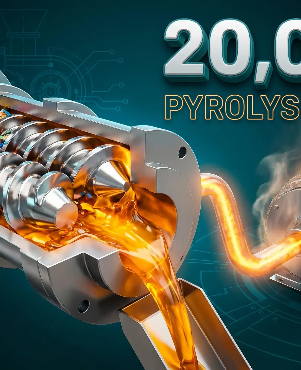 Industrial pyrolysis reactor module converting plastic waste into amber recycled oil at chemical recycling plant.