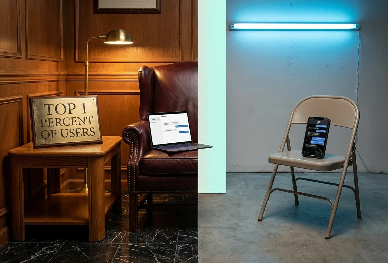 Leather wing-back beside a folding chair across a divided study, illustrating the AI wealth divide.