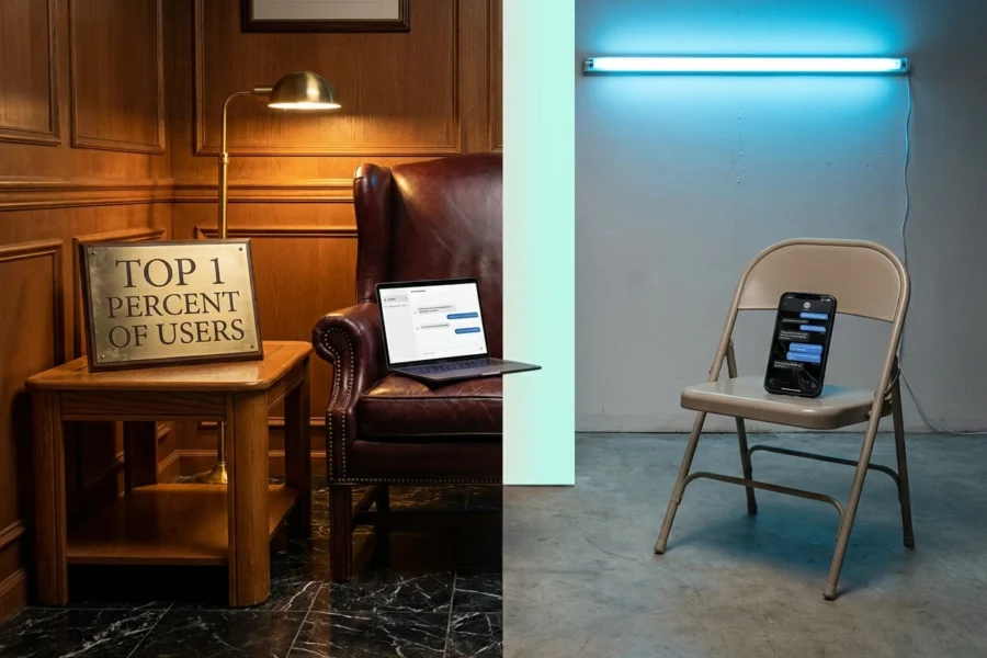 Leather wing-back beside a folding chair across a divided study, illustrating the AI wealth divide.