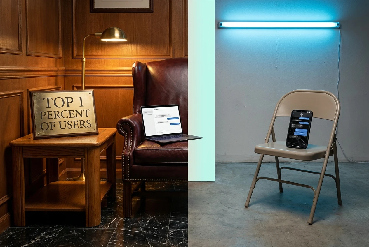 Leather wing-back beside a folding chair across a divided study, illustrating the AI wealth divide.