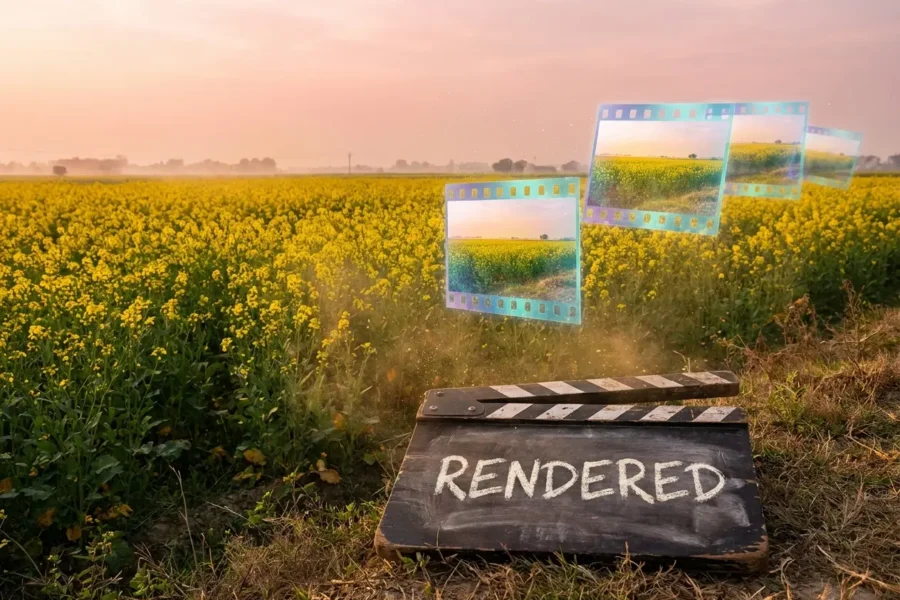 Mustard field at golden hour with floating holographic film frames around a clapperboard, evoking Rajat Bedi's AI cinema remarks