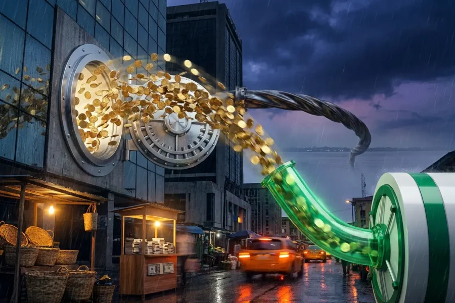 Naira coins flowing between Nigerian and foreign vaults illustrating .ng domain capital flight.