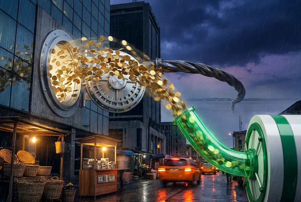 Naira coins flowing between Nigerian and foreign vaults illustrating .ng domain capital flight.