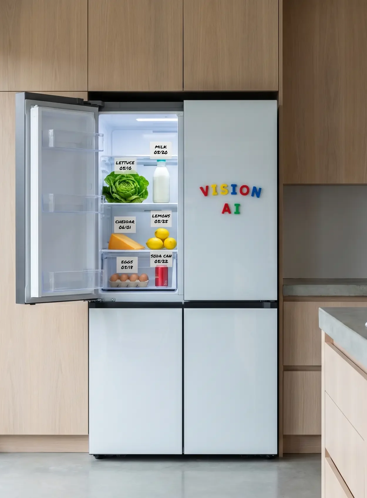 Samsung Bespoke AI Family Hub fridge with Vision AI food recognition.