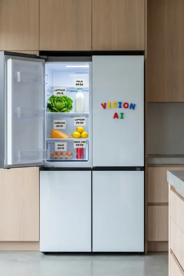 Samsung Bespoke AI Family Hub fridge with Vision AI food recognition.