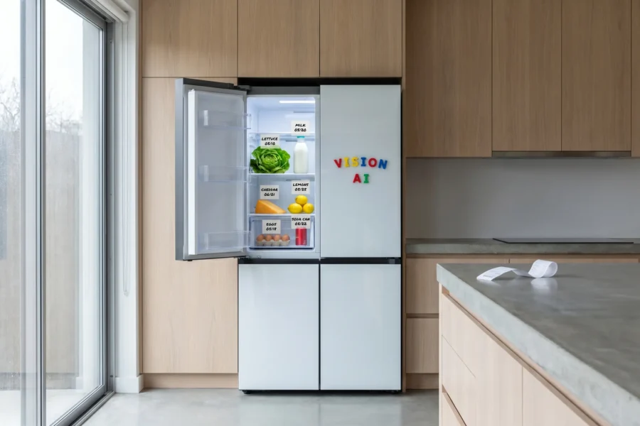 Samsung Bespoke AI Family Hub fridge with Vision AI food recognition.