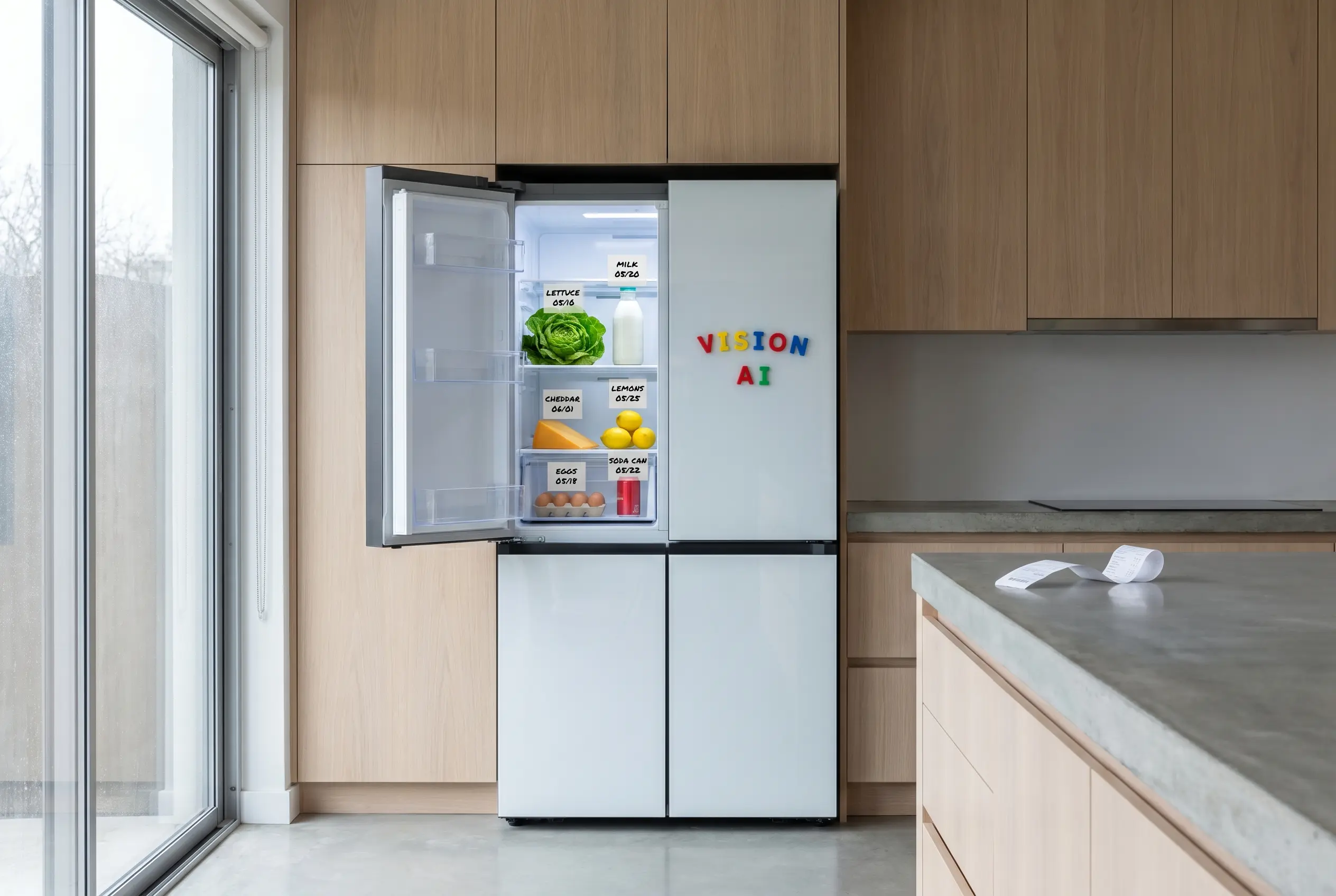 Samsung Bespoke AI Family Hub fridge with Vision AI food recognition.