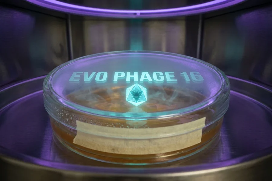 Sandblasted glass petri dish holding a glowing AI-designed bacteriophage, showing genome language model phage design.